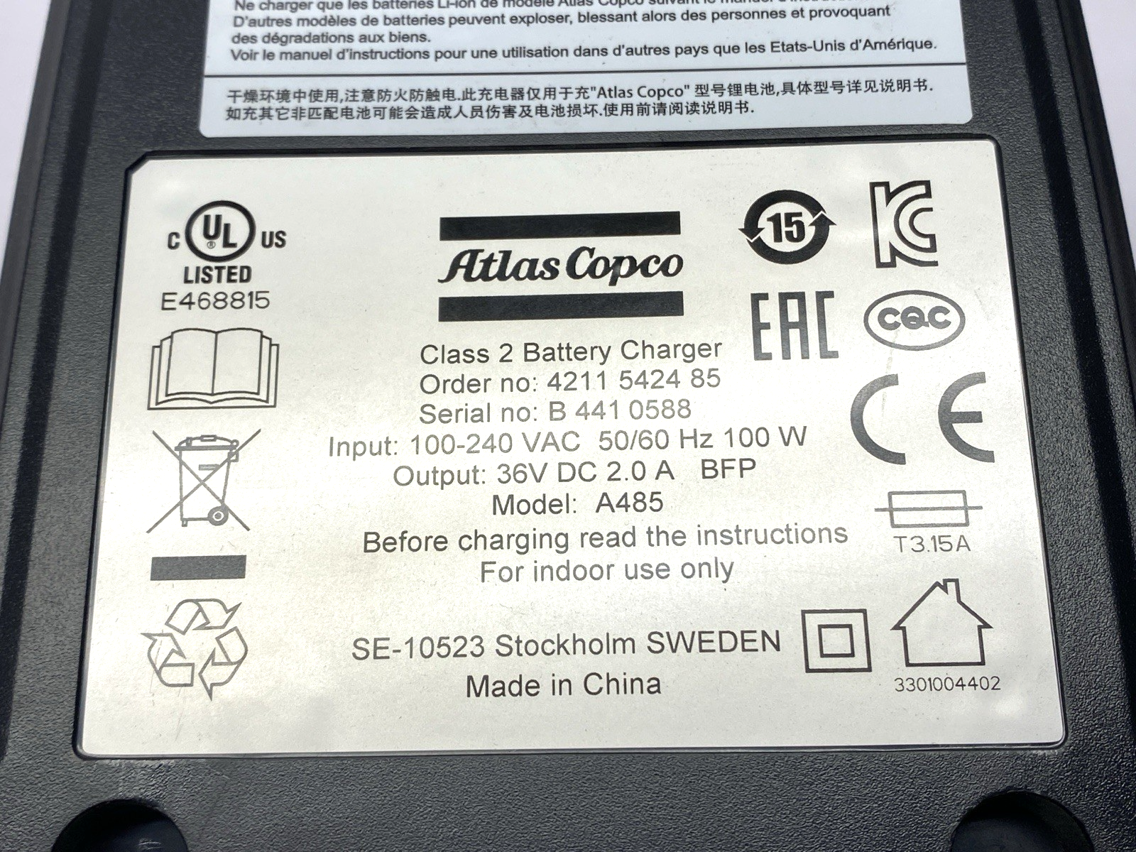 Atlas Copco 4211 5424 85 Multi Battery Charger Class 2 18-36V A485 - Maverick Industrial Sales