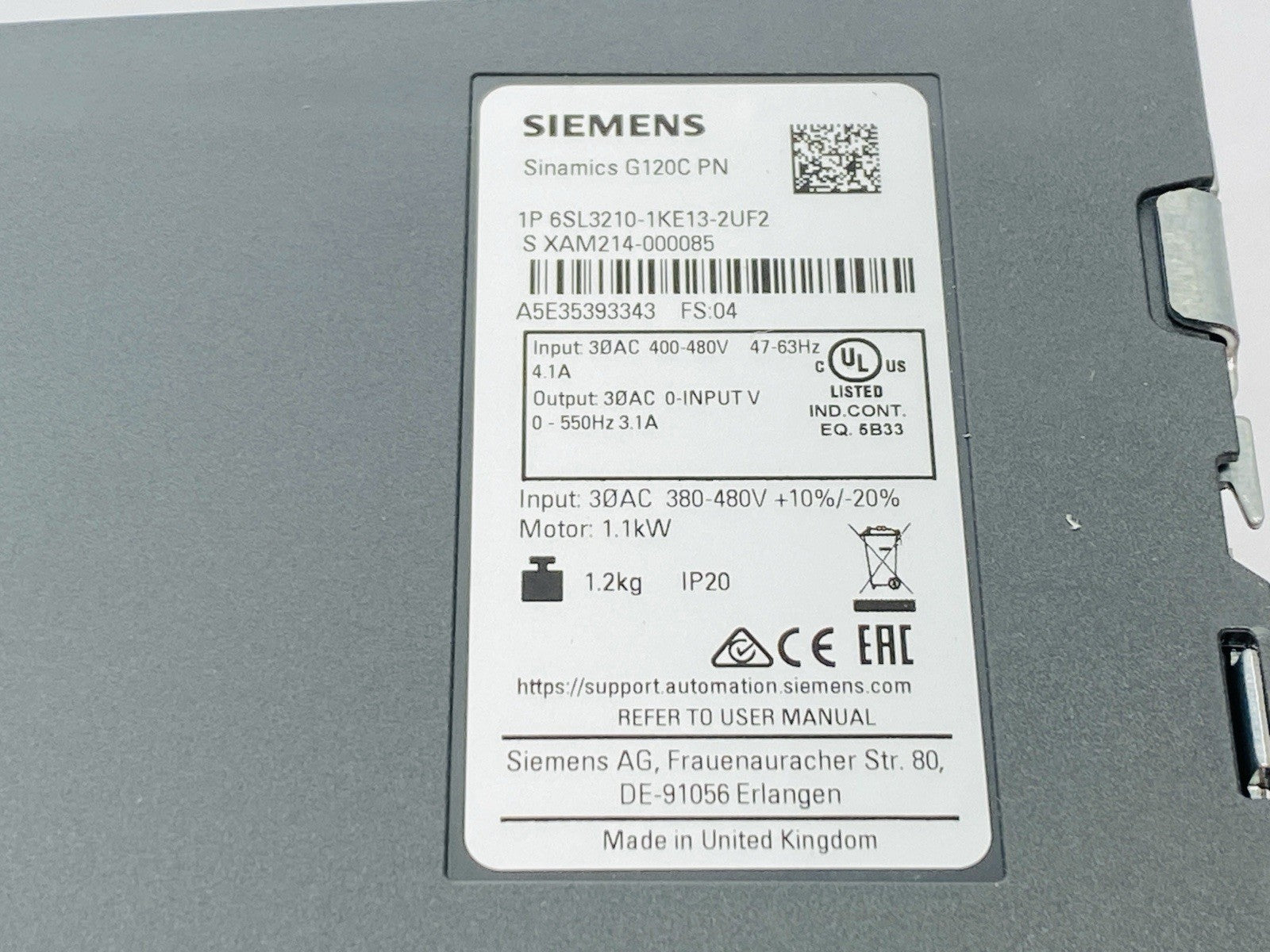Siemens 6SL3210-1KE13-2UF2 SINAMICS Frequency Converter 1.1kW 1.5HP G120C PN - Maverick Industrial Sales