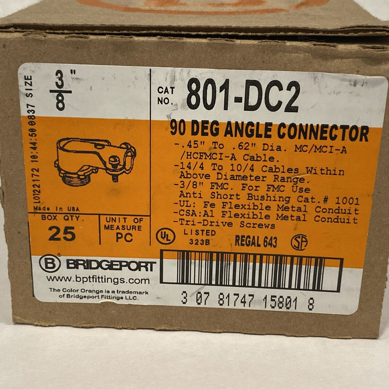 Bridgeport 801-DC2 Conduit Connector Flex 90 Degree Zinc Die Cast 3/8" BOX OF 25 - Maverick Industrial Sales