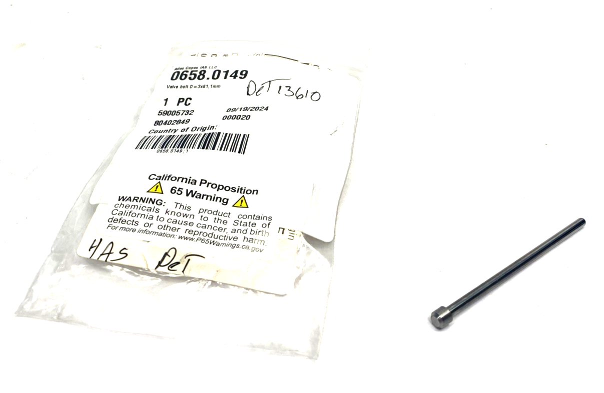 Atlas Copco 658.0149 Valve Bolt D= 3 x 61.1mm TC2002-B, 0658.0149 - Maverick Industrial Sales
