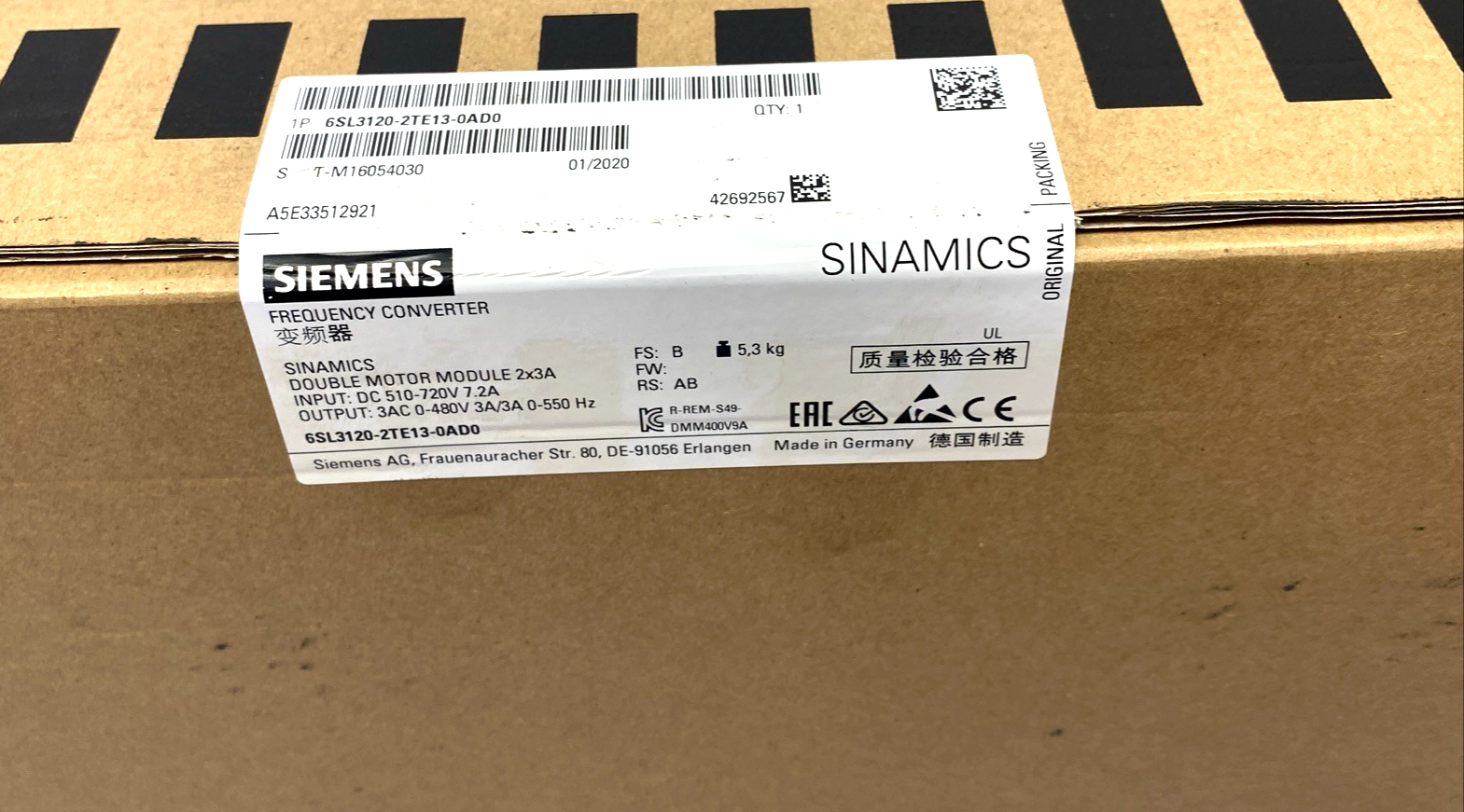 Siemens 6SL3120-2TE13-0AD0 Double Motor Module DC 510-720V 3AC 0-480V 3A 2x3A - Maverick Industrial Sales