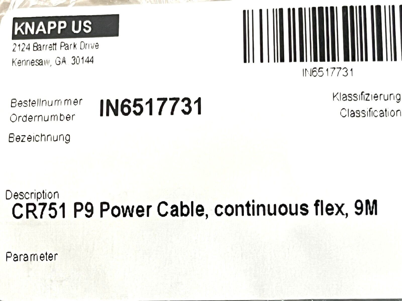 Knapp CR751 P9 Power Cable Continuous Flex 9M 100715 - Maverick Industrial Sales