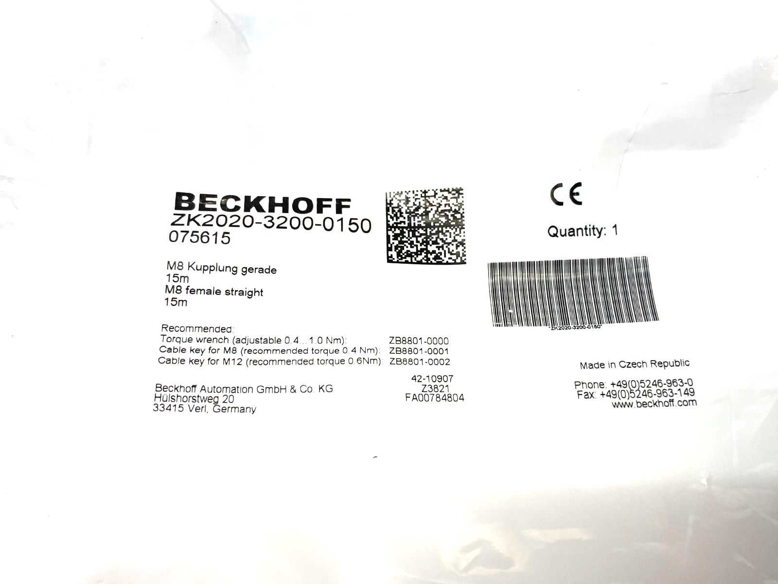Beckhoff ZK2020-3200-0150 Single Ended Power Cable M8 Straight 4-Pin 15m 075615 - Maverick Industrial Sales