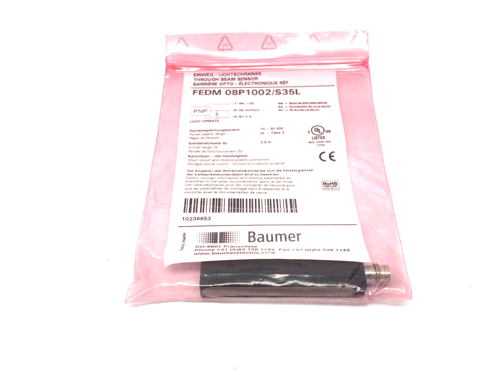 Baumer FEDM 08P1002/S35L Through-Beam Sensor 3-Pin M8 10-30VDC 10236653 - Maverick Industrial Sales