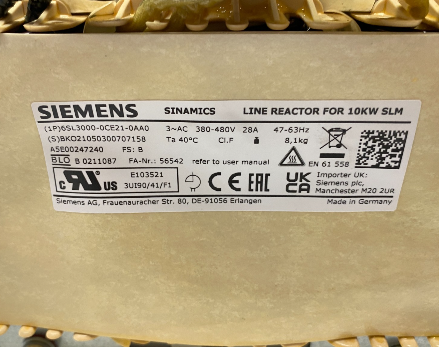 Siemens 6SL3000-0CE21-0AA0 SINAMICS Line Reactor for 10KW SLM - Maverick Industrial Sales