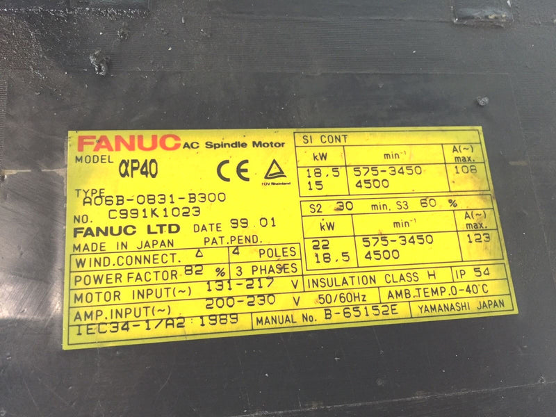 GE Fanuc P40 AC Spindle Motor Model A06B-0831-B300 18.5 kW CNC - Maverick Industrial Sales