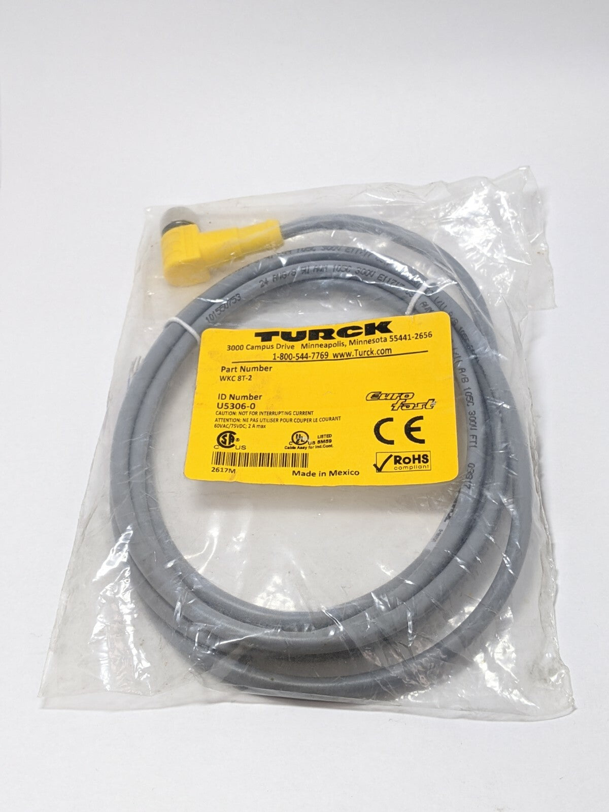 Turck WKC 8T-2 Eurofast Right Angle M12 Female Cordset 8 Conductor U5306-0 - Maverick Industrial Sales
