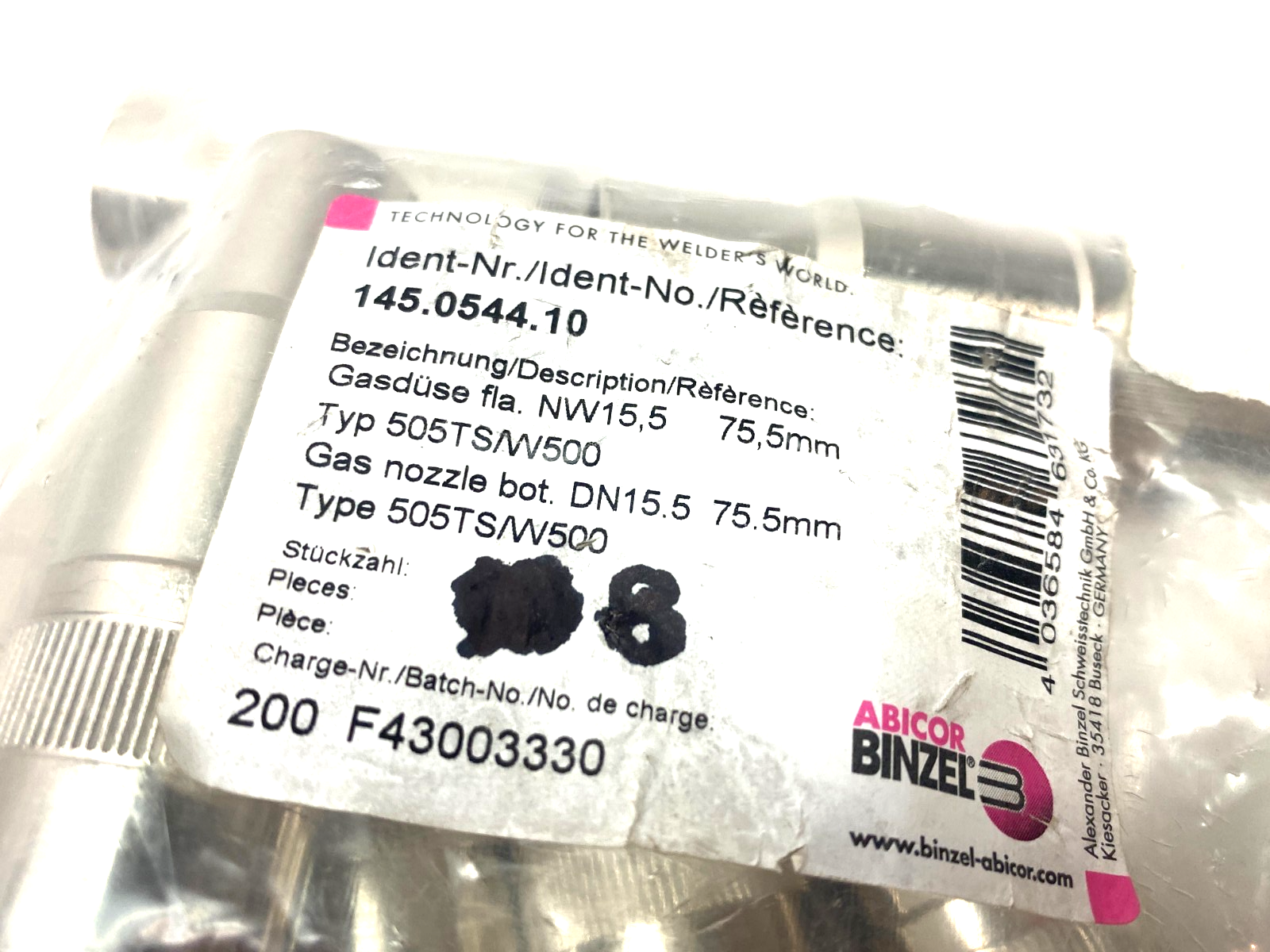 Abicor Binzel 145.0544 Gas Nozzle Robo C-Thread Bfm 15.5 x 75.5 PKG OF 8 - Maverick Industrial Sales