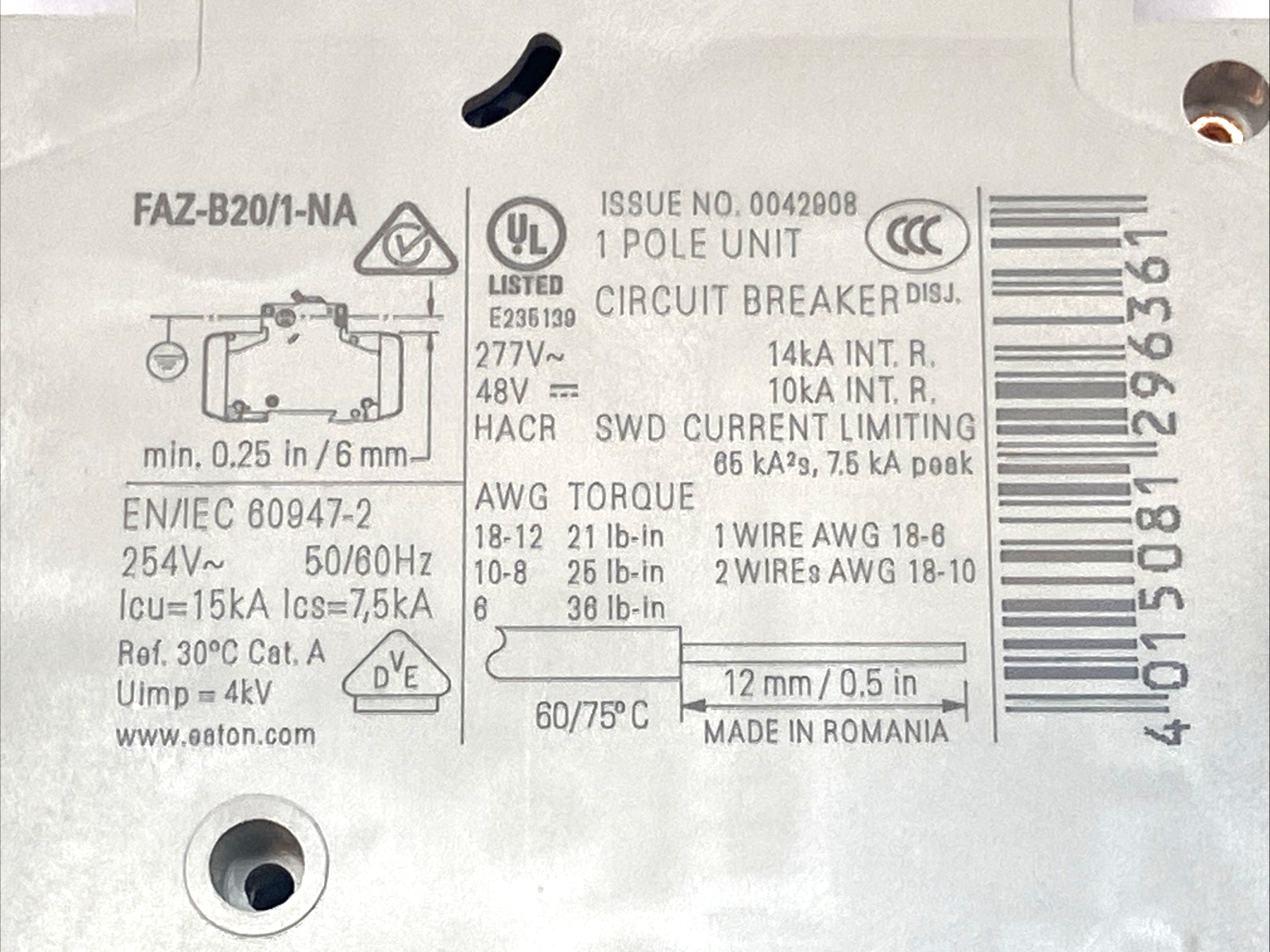 Eaton FAZ-B20/1-NA Circuit Breaker 1-Pole B-Curve 20A 132687 BOX OF 2 - Maverick Industrial Sales
