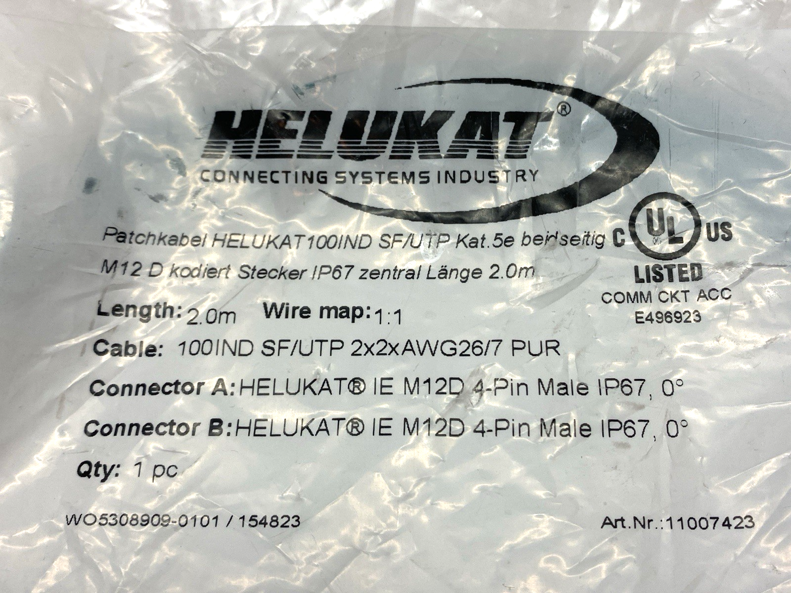 Hellukat 805702 Double-End Male M12 4-Pin Cordset 100IND SF/UTP 2x2xAWG 26/7 PUR - Maverick Industrial Sales