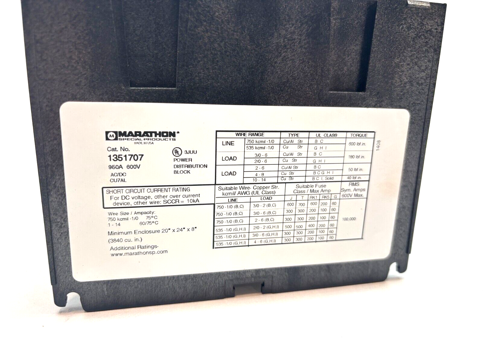 Marathon 1351707 Power Distribution Block, 950A, 600V - Maverick Industrial Sales