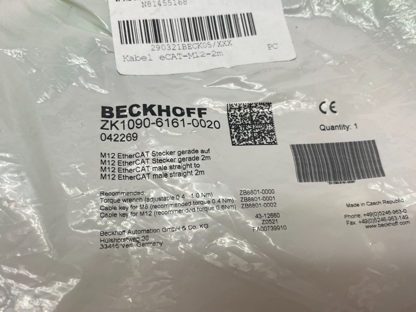 Beckhoff ZK1090-6161-0020 Double Ended EtherCAT Cable M12 to M12 4-Pin 042269 - Maverick Industrial Sales