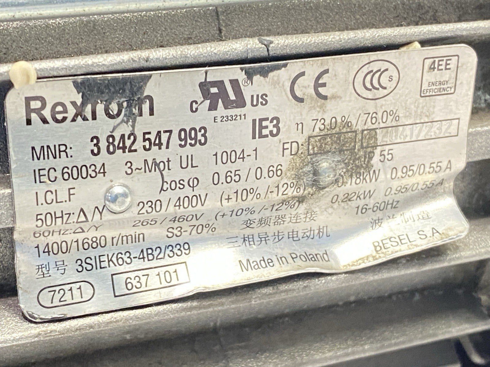 3 842 547 993 | Bosch Rexroth 3842547993 Three‑Phase Motor 0.18‑0.22 kW w/ 3842563324 Gear Unit - Used - Maverick Industrial Sales