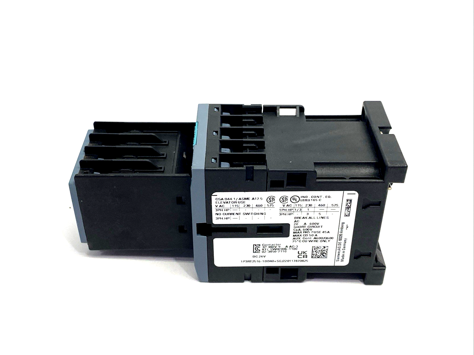 Siemens 3RT2516-1BB40 Power Contactor, AC-3, 9A, 4kW 400V, 4P 24VDC - Maverick Industrial Sales