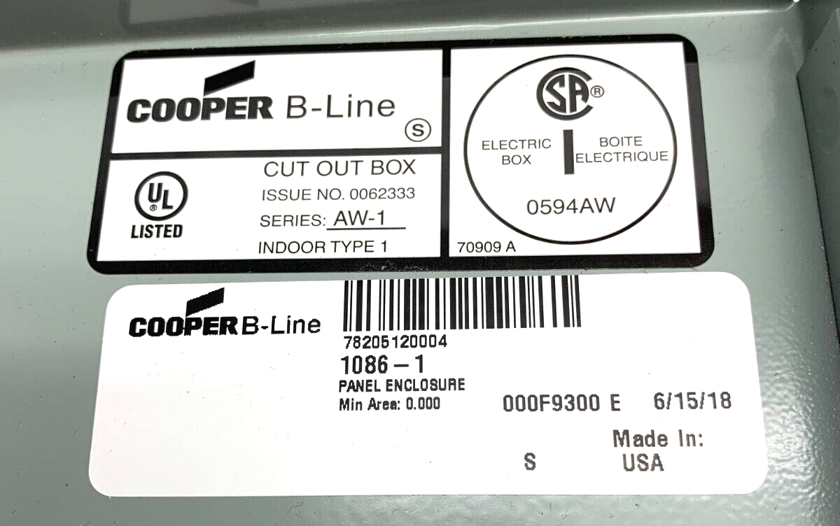 Cooper B-Line 1086-1 Ser. AW-1 Panel Enclosure Indoor Type 1 - Maverick Industrial Sales