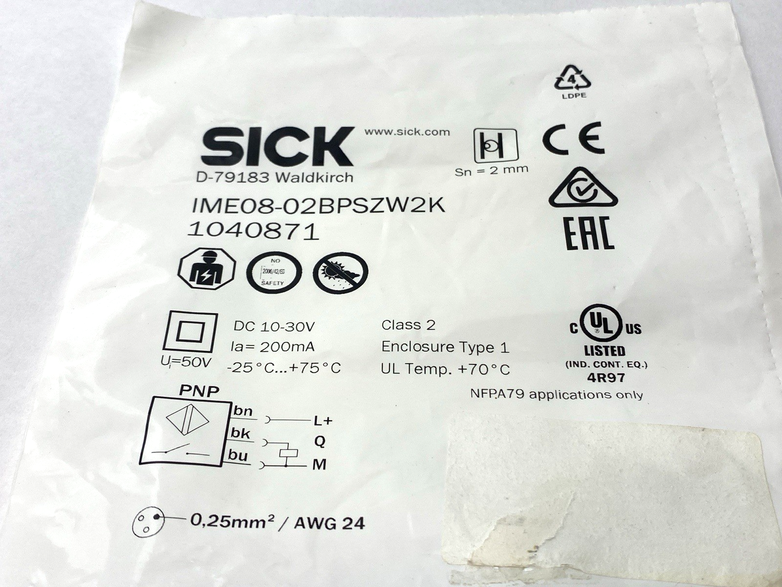 Sick IME08-02BPSZW2K Inductive Proximity Sensor 2mm 10-30VDC 1040871 - Maverick Industrial Sales