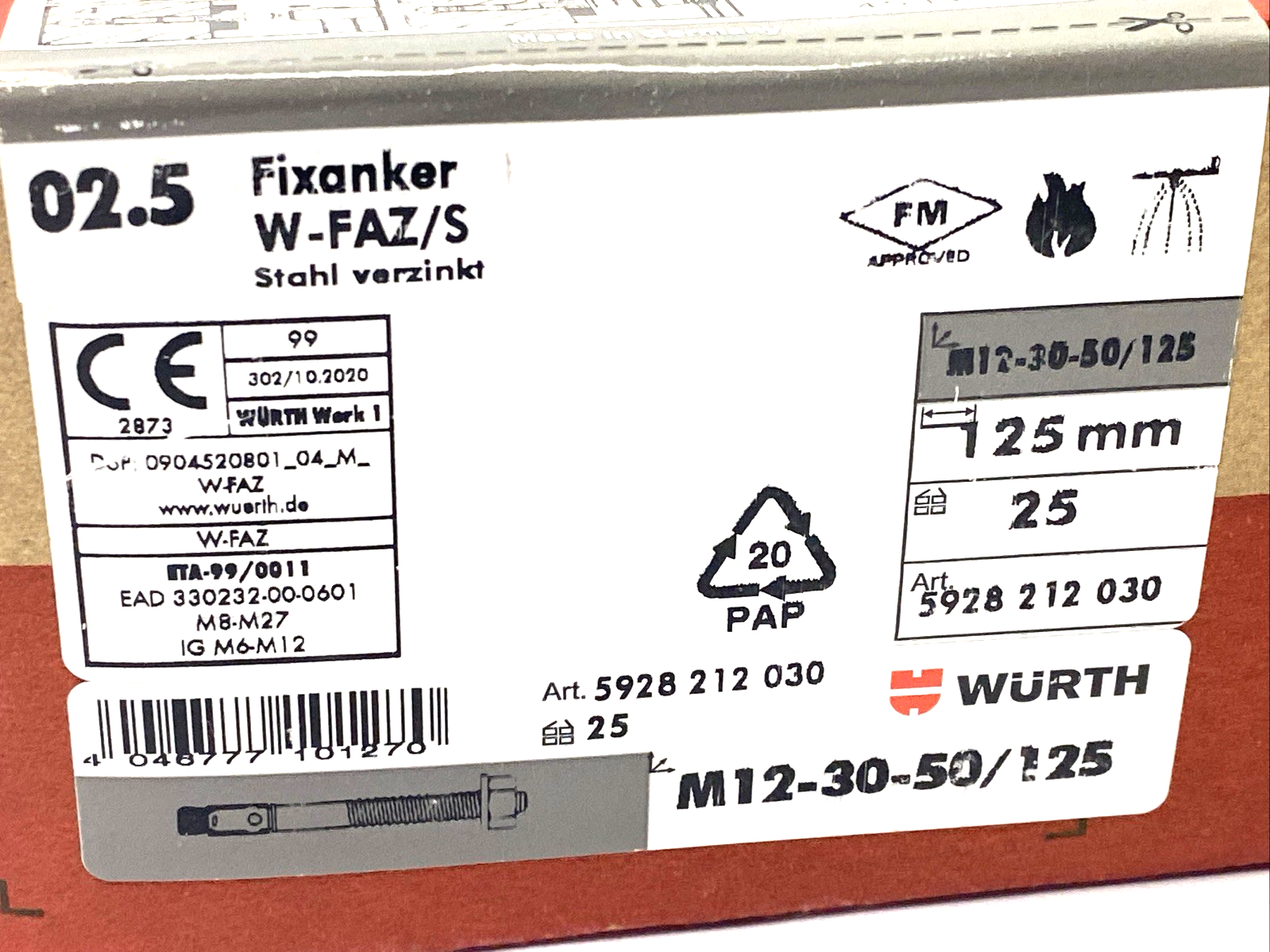5928 212 030,5928212030 | Wurth 5928212030 Fixanchor W-FAZ/S Steel Concrete Anchor M12-30-50/125 BOX OF 25 - New - Maverick Industrial Sales
