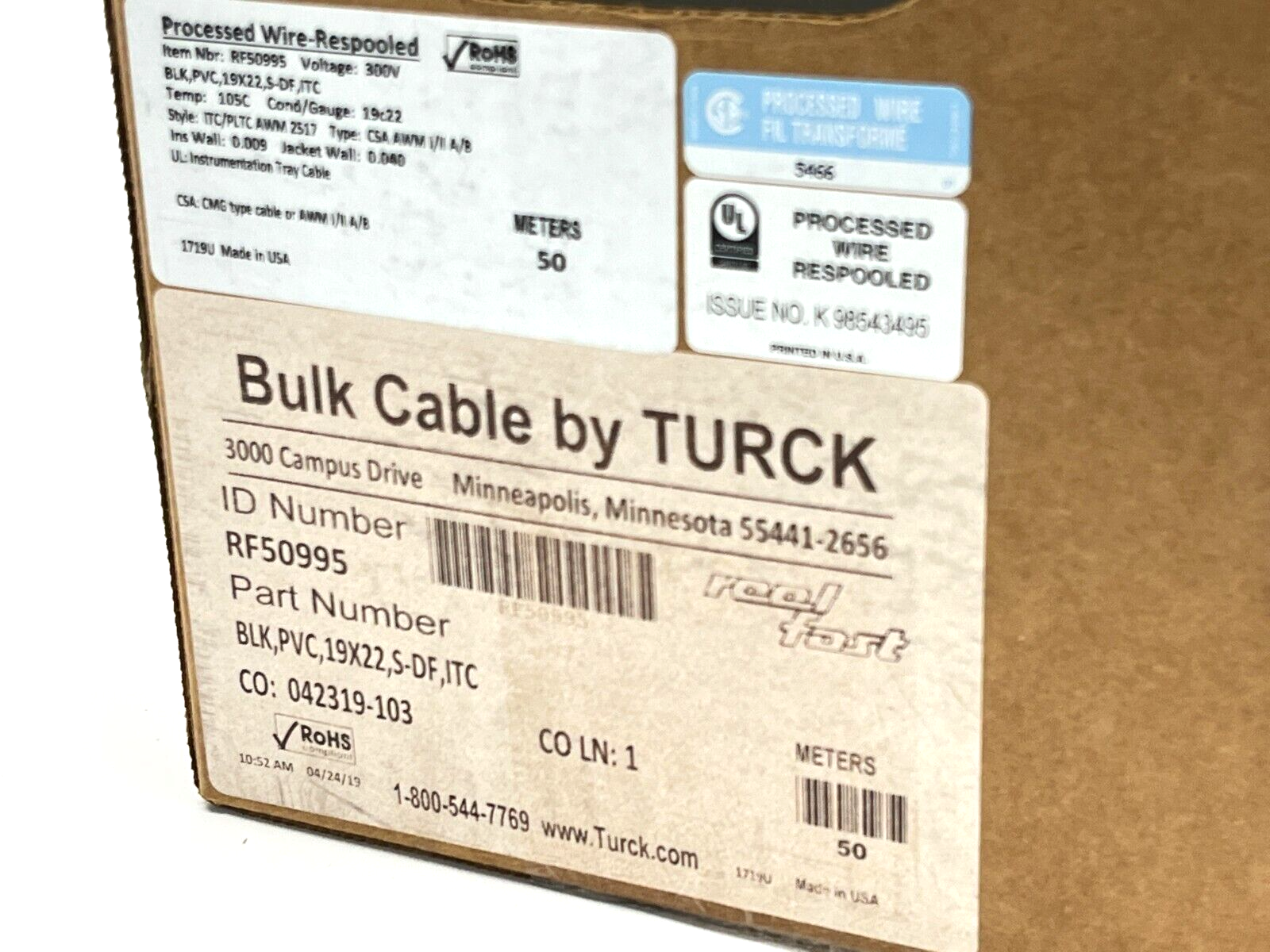 Turck BLK,PVC,19X22,S-DF,ITC Instrumentation Cable 50m - 12lb Remaining RF50995 - Maverick Industrial Sales