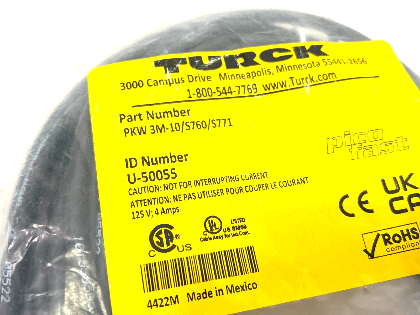 Turck PKW 3M-10/S760/S771 Picofast Single Ended Cordset U-50055 - Maverick Industrial Sales