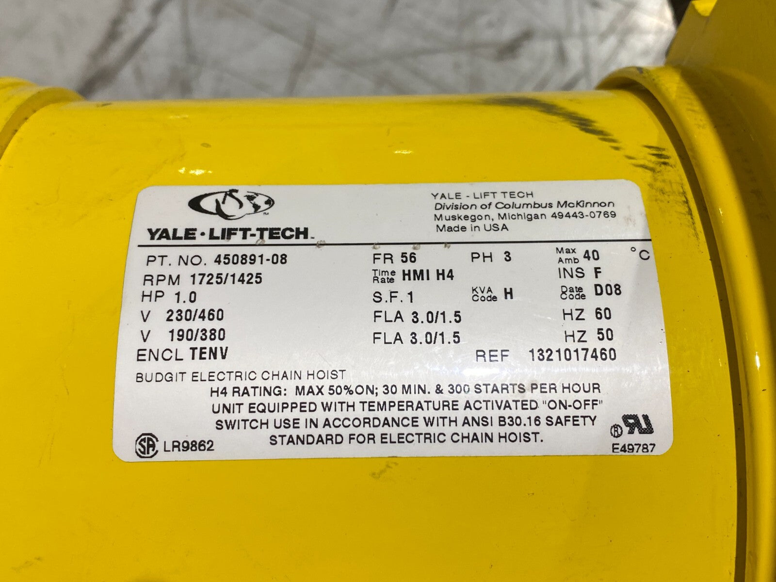 Yale Lift-Tech BEHC0116 ManGuard Budgit Electric Chain Hoist 1-Ton Capacity 1HP - Maverick Industrial Sales