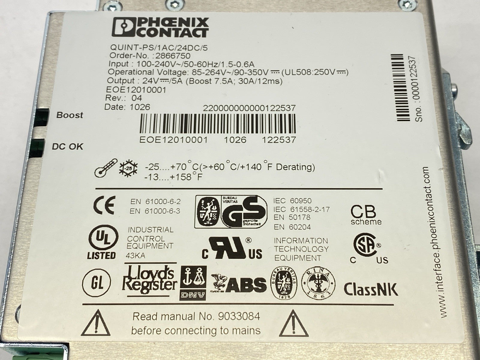 QUINT-PS/1AC/24DC/5 | Phoenix Contact Power Supply 2866750 - Used - Maverick Industrial Sales