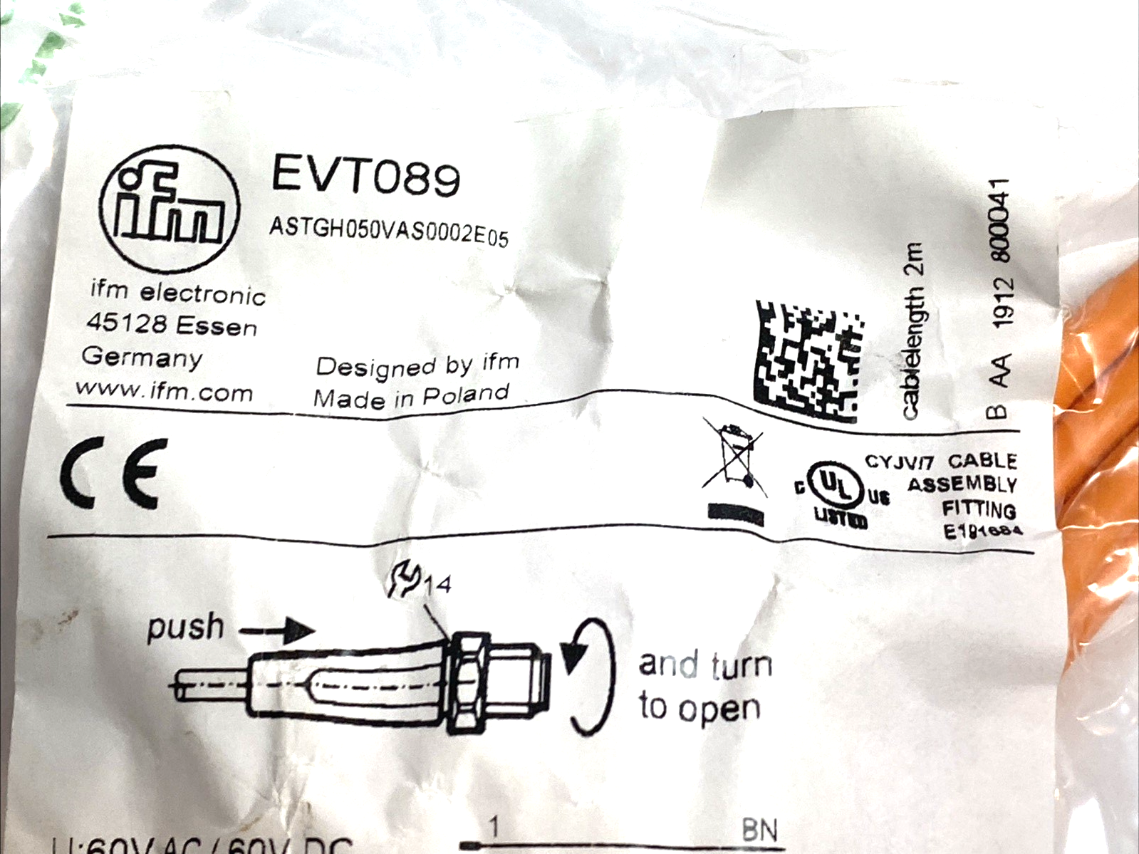 EVT089 | IFM M12 5-Pin Male Cordset 2m PVC - New - Maverick Industrial Sales
