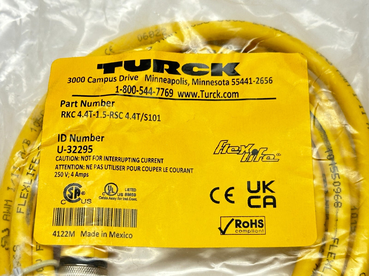 RKC 4.4T-1.5-RSC 4.4T/S101, U-32295 | Turck RKC 4.4T-1.5-RSC 4.4T/S101 Sensor Cordset M/F M12 4-Pin 1.5m U-32295 - New - Maverick Industrial Sales