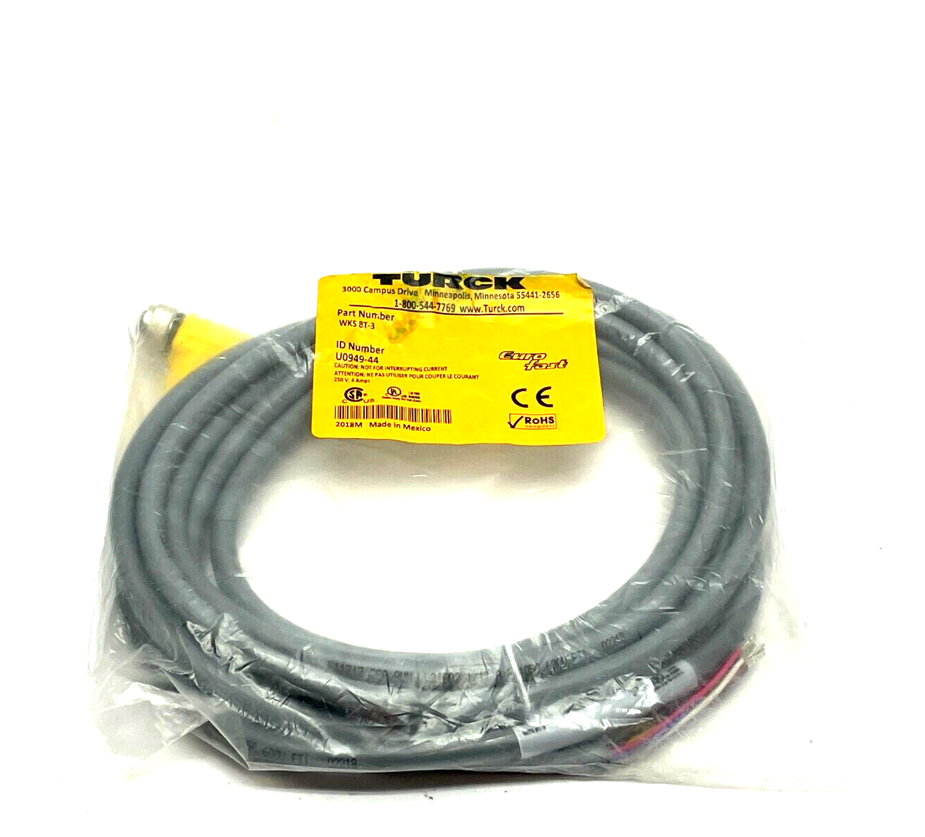 WKS 8T-3 | Turck Eurofast Single Ended Cordset Rt Angle 8-Pin 3m Length U0949-44 - New - Maverick Industrial Sales