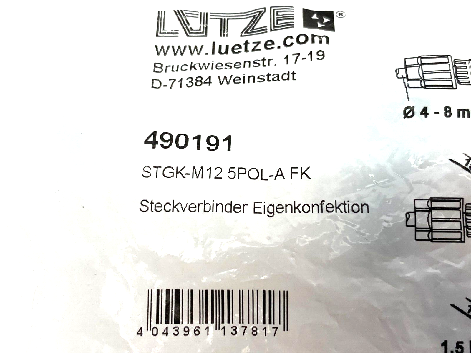 Lutze 490191 Field Wireable Connector M12 Straight STGK-M12 5POL-A FK - Maverick Industrial Sales
