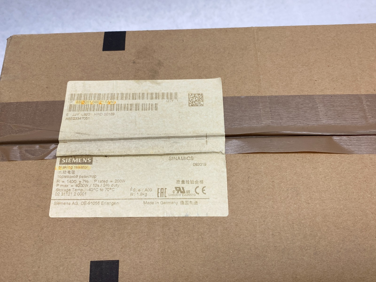Siemens 6SL3201-0BE21-0AA0 SINAMICS Braking Resistor - Maverick Industrial Sales