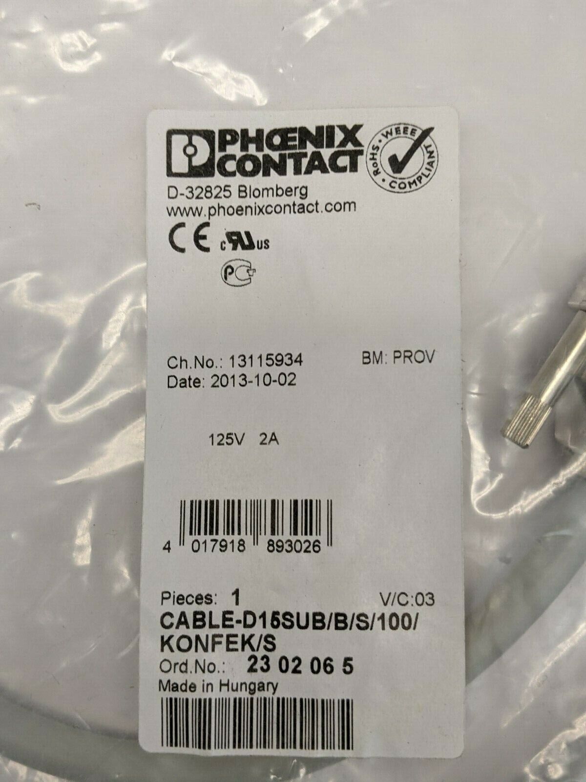 Phoenix Contact CABLE-D15SUB/B/S/100/KONFEK/S Shielded Round Cable D-Sub 2302065 - Maverick Industrial Sales