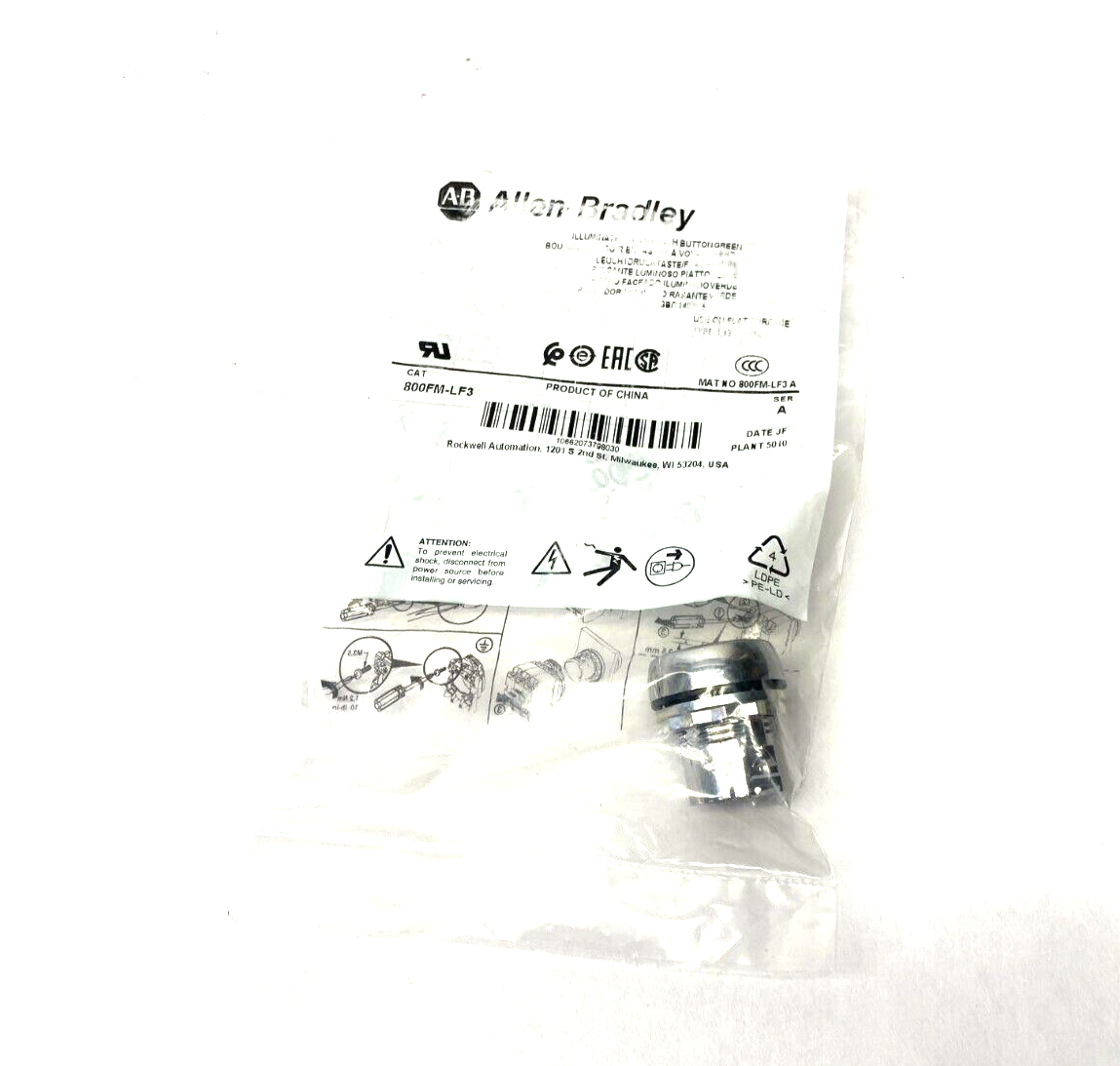 Allen Bradley 800FM-LF3 Ser. A Flush Illuminated Pushbutton Green - Maverick Industrial Sales