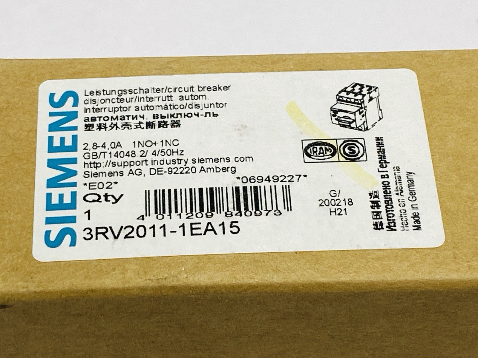 Siemens 3RV2011-1EA15 Sirius Motor Protection Circuit Breaker 2.8-4A 600V - Maverick Industrial Sales