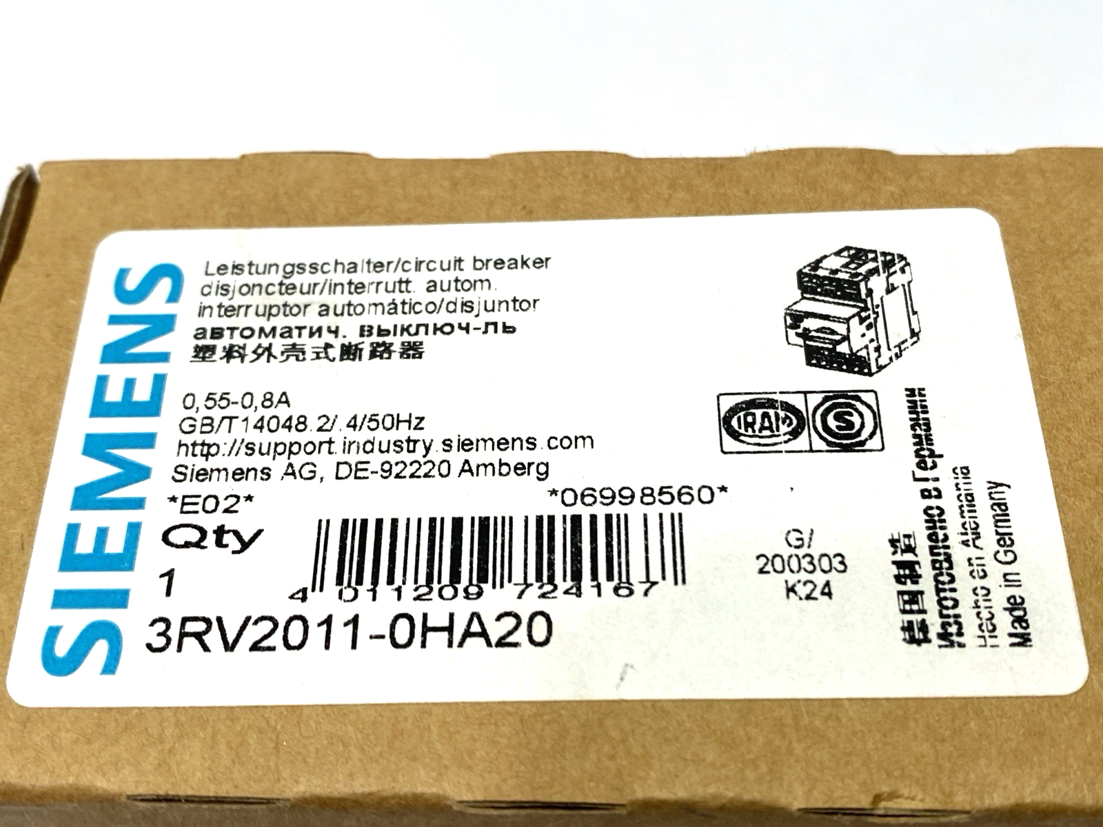 Siemens 3RV2011-0HA20 SIRIUS Motor Protector Circuit Breaker 690V 0,55-0,8A - Maverick Industrial Sales