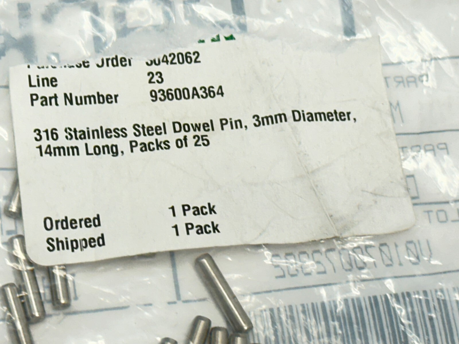 93600A364 316 Stainless Steel Dowel Pin 3mm Diameter 14mm Long PACK OF 25 - Maverick Industrial Sales