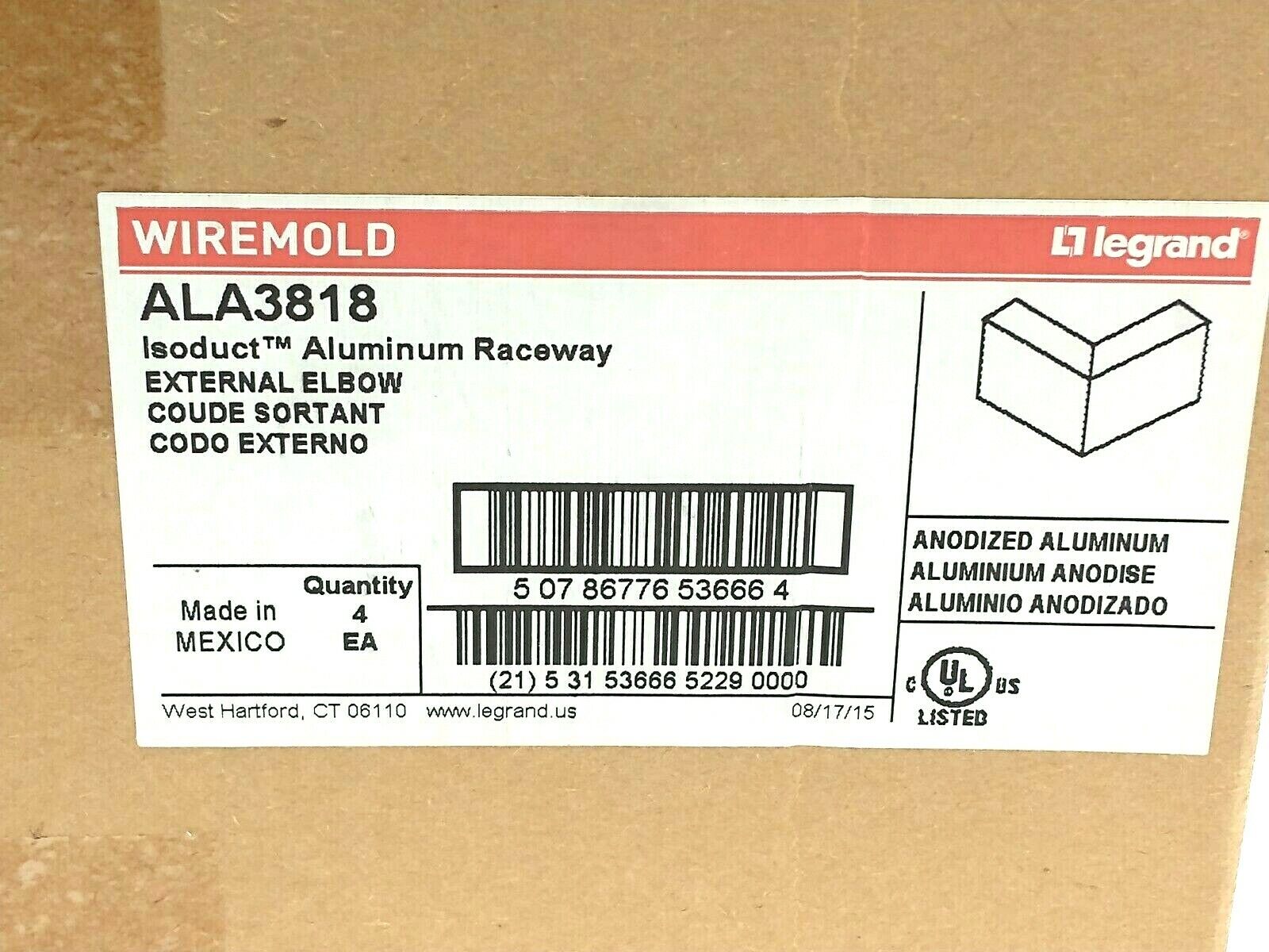 Legrand Wiremold ALA3818 Isoduct Aluminum External Elbow 90 Degree BOX OF 4 - Maverick Industrial Sales