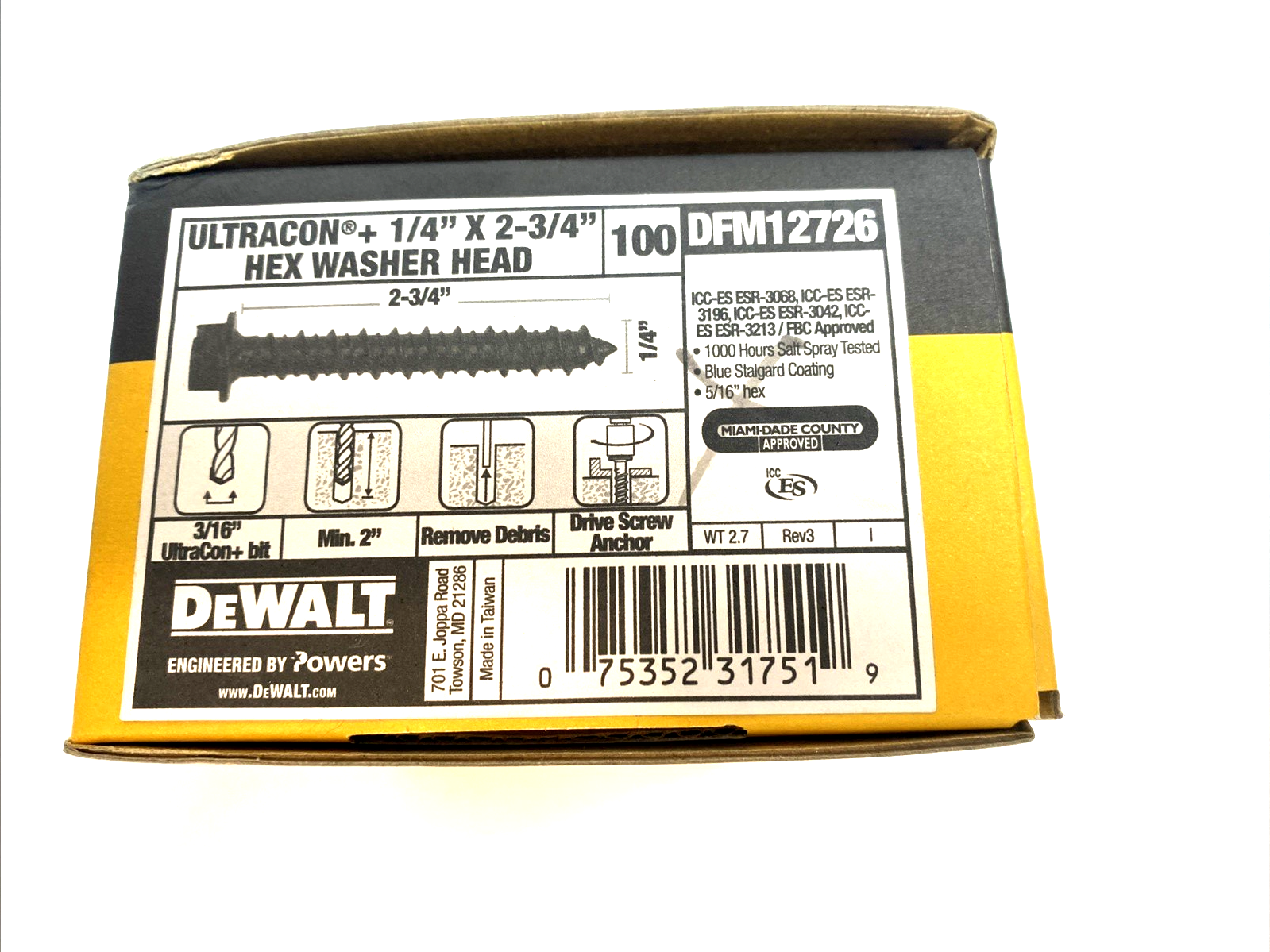 Dewalt DFM12726 UltraCon+ 1/4" x 2-3/4" Hex Washer Head BOX OF 100 - Maverick Industrial Sales