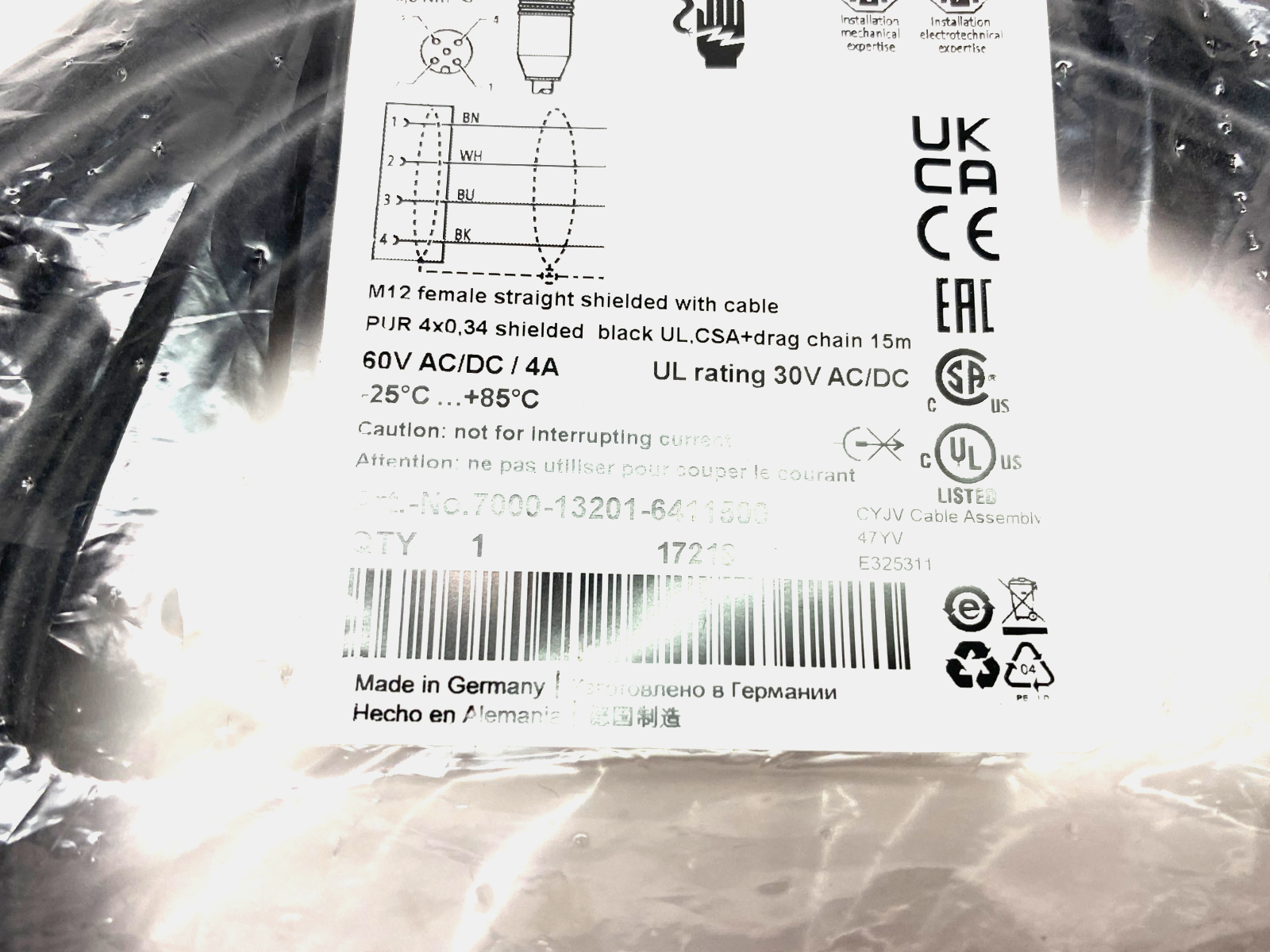 Murrelektronik 7000-13201-6411500 Single Ended M12 Female 0° A-cod. Cordset - Maverick Industrial Sales