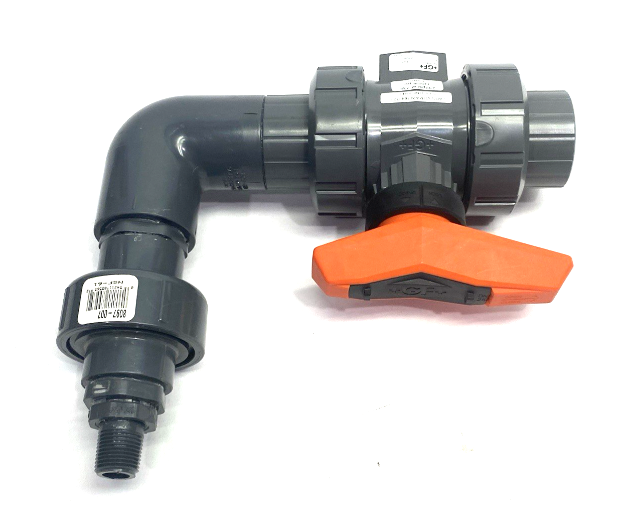 161546244 | Georg Fischer Typ 546 Pro Ball Valve PVC-U, 1" Socket Ends, to Rt Angle Adapter - New – Open box - Maverick Industrial Sales