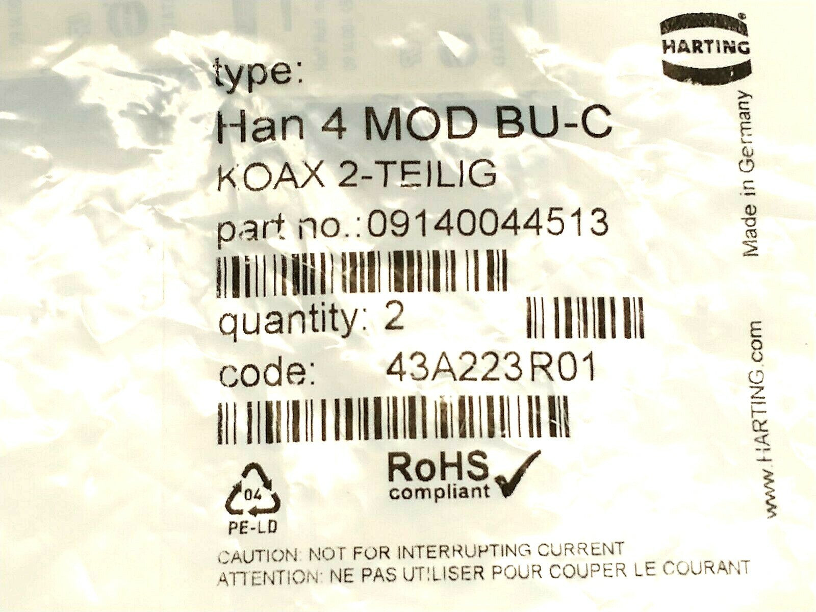 09 14 004 4513,09140044513 | Harting 09140044513 Han Multi Module 4-Contact Female Connector Insert LOT OF 2 - New – Open Box - Maverick Industrial Sales