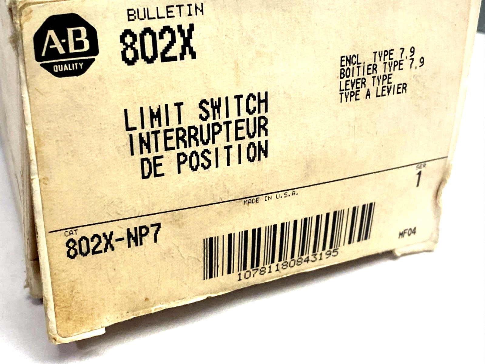 802X-NP7 | Allen Bradley Ser. 1 Limit Switch Lever Type, NEMA Type 4 & 13 Oiltight - New – Open box - Maverick Industrial Sales