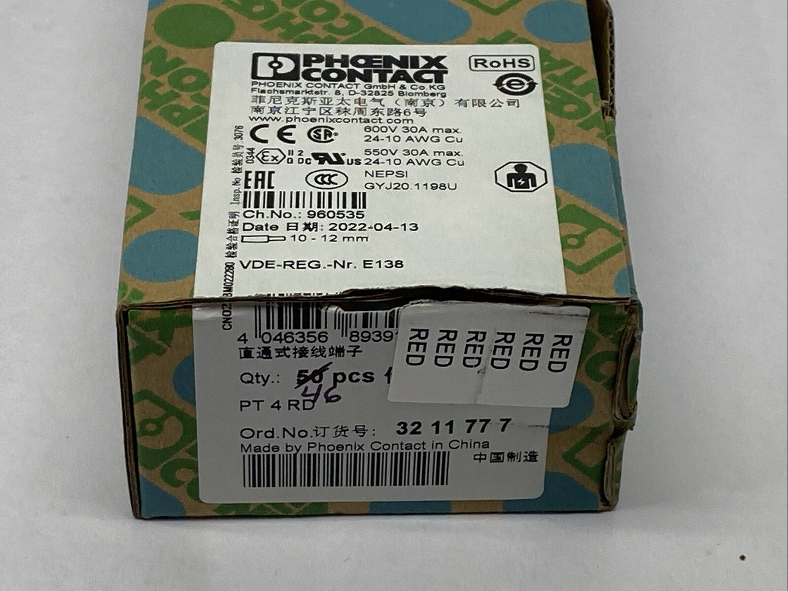 Phoenix Contact PT 4 RD Feed-Through Terminal Block Red 3211777 LOT OF 46 - Maverick Industrial Sales