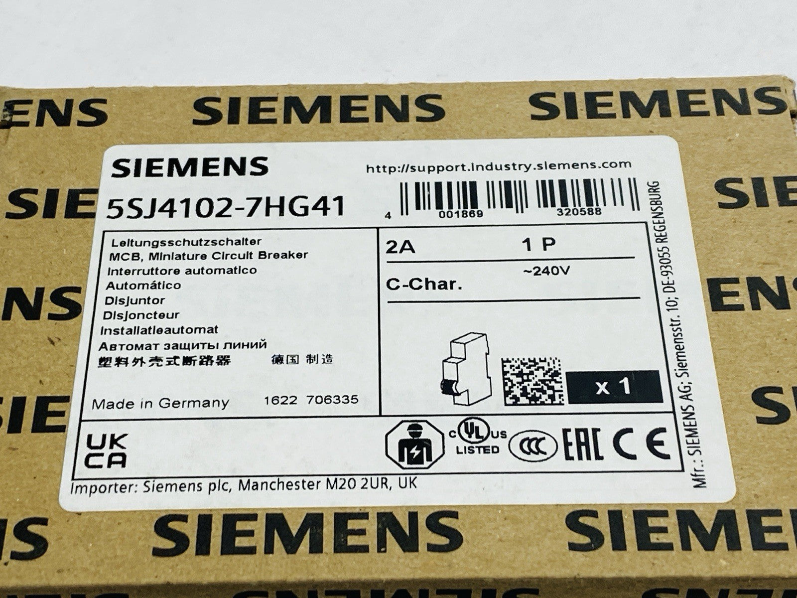 Siemens 5SJ4102-7HG41 Miniature Circuit Breaker 1-Pole 2A 240V - Maverick Industrial Sales