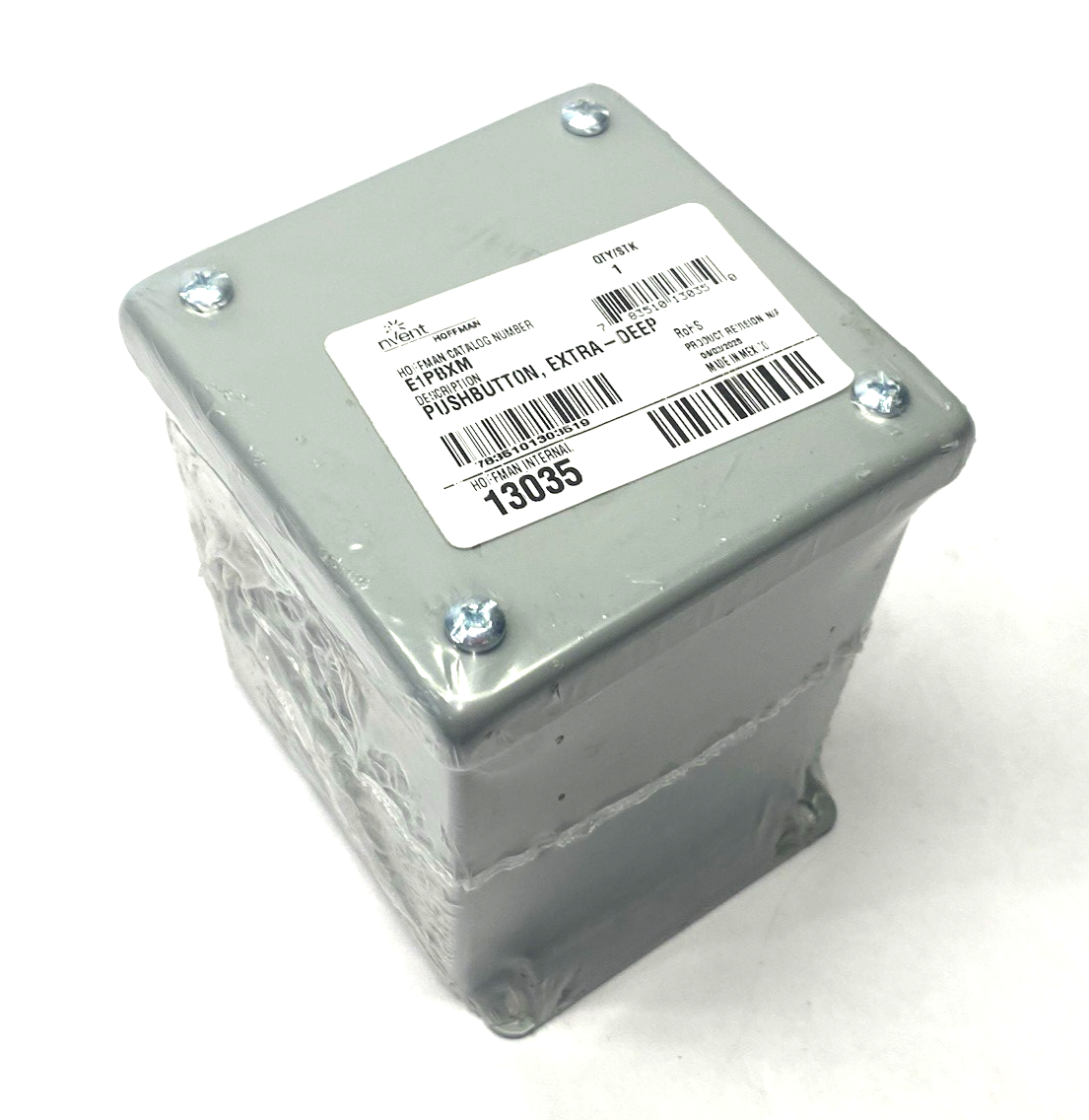 E1PBXM | Hoffman Extra-Deep Pushbutton Enclosure, Gray, Steel, 22.5mm Hole - New - Maverick Industrial Sales