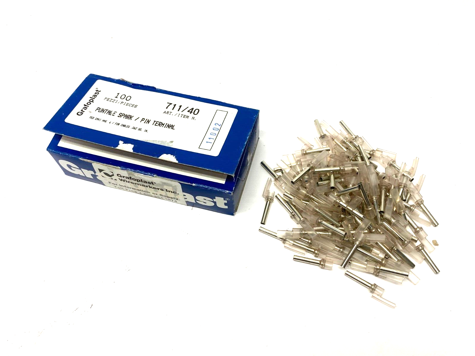 Grafoplast 711/40 17mm Spark Crimp-On Pins for Cable O.D. 4mm OPEN BOX OF 100 - Maverick Industrial Sales