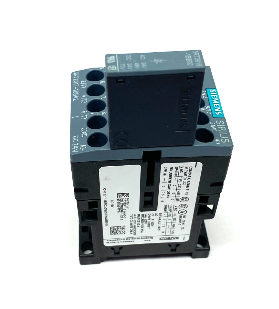 Siemens 3RT2017-1BB42 SIRIUS Power Contactor 3-Pole 12A 400V w/ 3RT2916-1BB00 - Maverick Industrial Sales