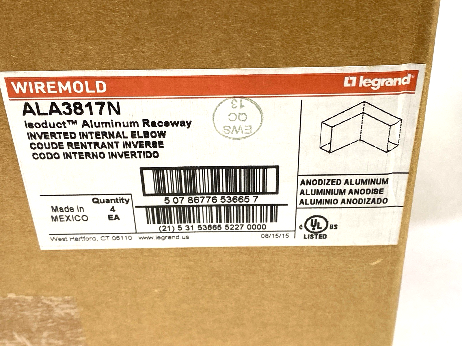Legrand ALA3817N Wiremold Aluminum Raceway Inverted Internal Elbow PKG OF 4 - Maverick Industrial Sales