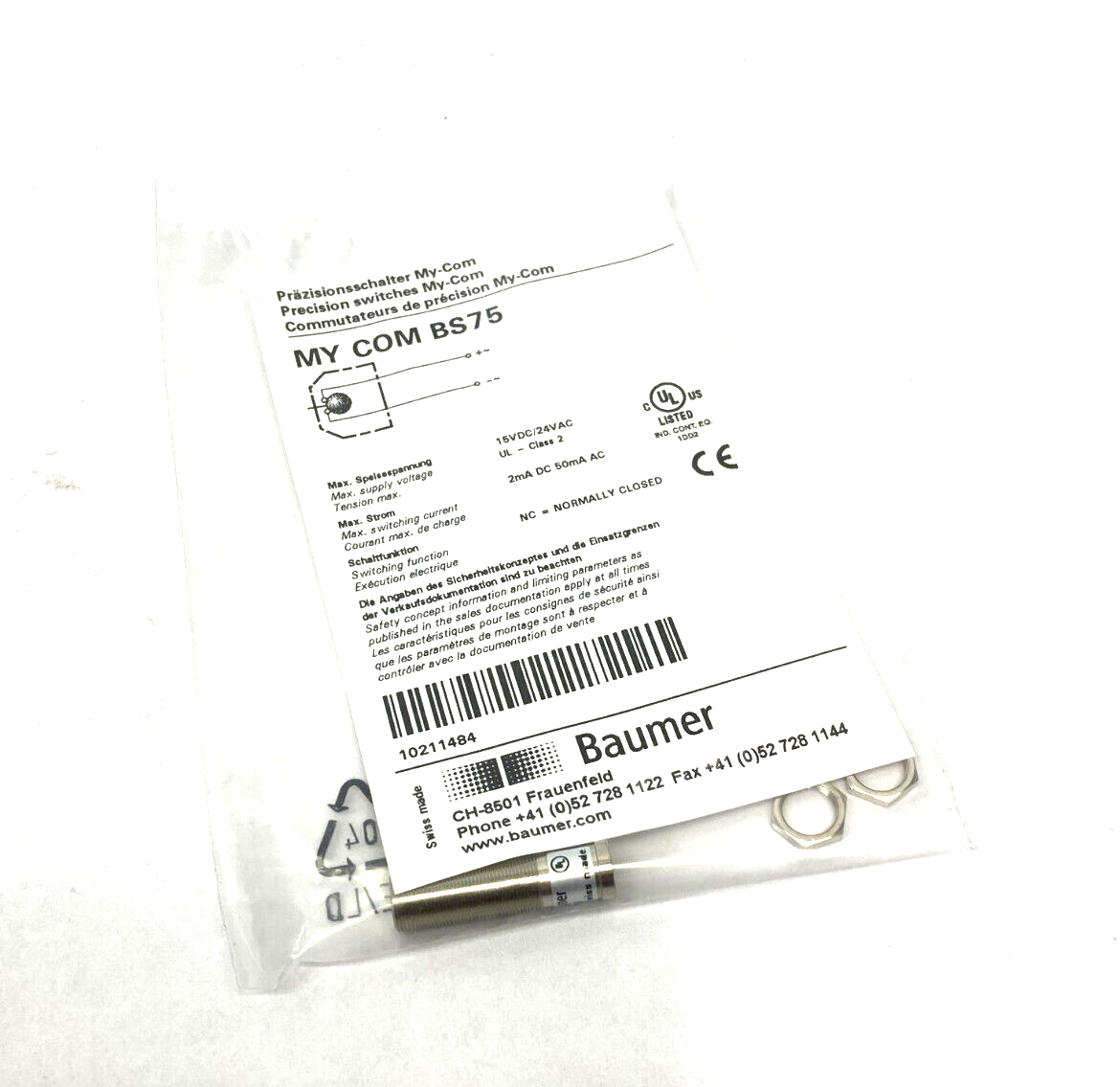 Baumer MY-COM BS75 My-Com Precision Switch Break Function NC Mechanical 10211484 - Maverick Industrial Sales