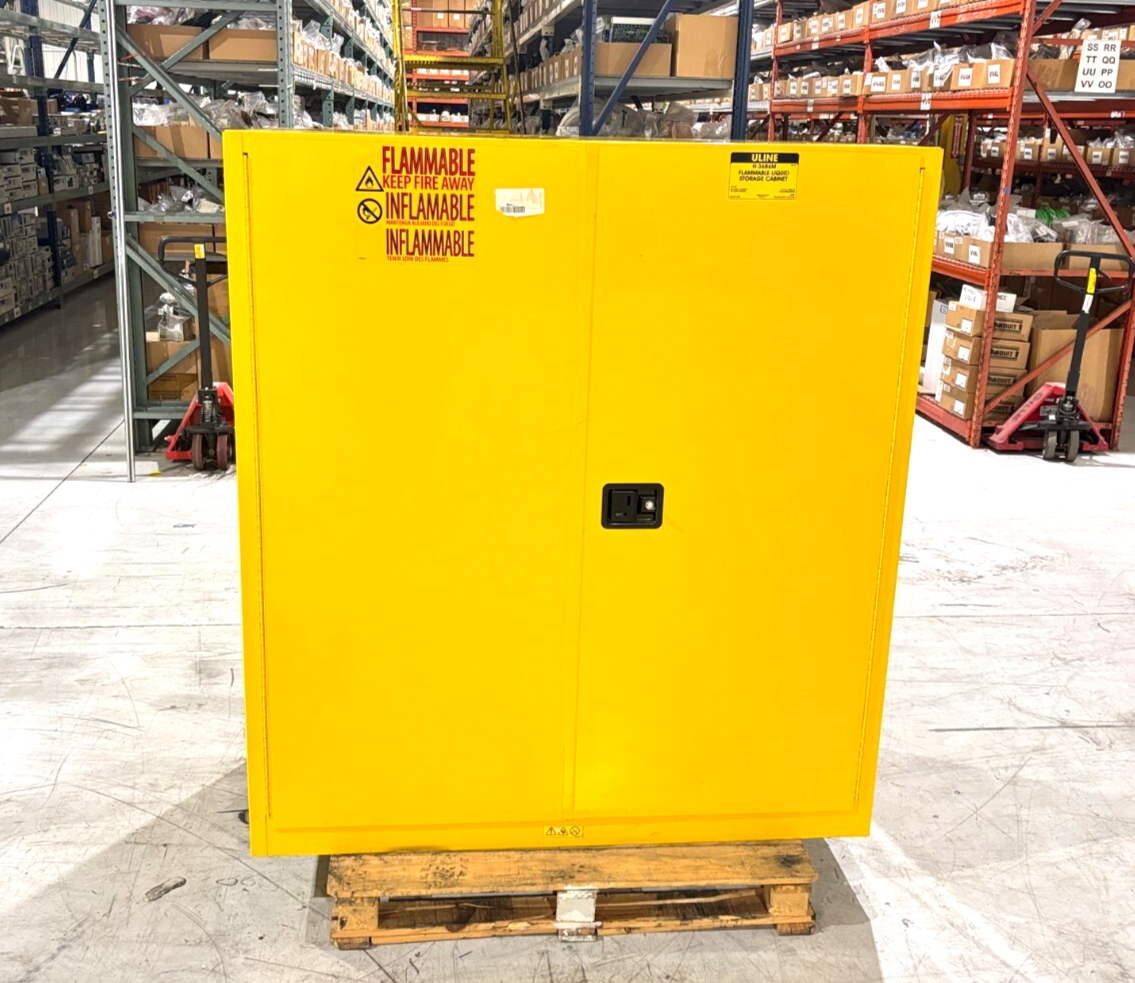Uline H-3686M Flammable Liquid Storage Cabinet, Yellow, 59"W x 34"D x 65"H - Maverick Industrial Sales