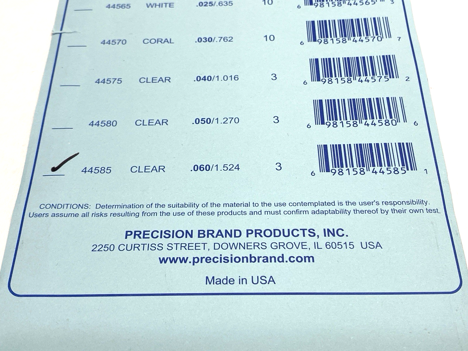 Precision Brand 44585 Clear Flat Plastic Shim Sheet 20 x 5 x 0.060" PACKAGE OF 3 - Maverick Industrial Sales